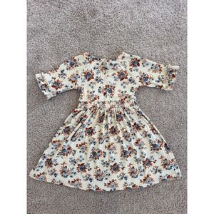 Little Lass Girls Floral Ribbed Knit Ruffle Sleeve Dress Cream Blue Rust Size 4